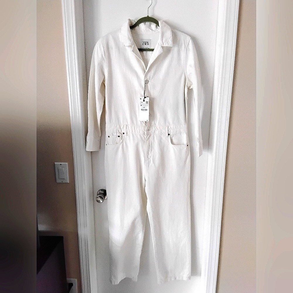 Zara White Long-Sleeve Cotton Jumpsuit